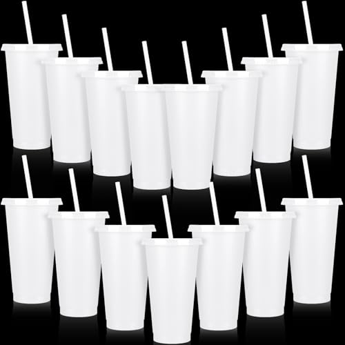 Bokon Tumbler with Straw and Lid Bulk 24 oz Reusable Plastic Cups with Lids and Straws Water Bottle Travel Mug Cup Tumblers Bulk for Cold Hot Drinks Parties Birthdays Adults(White,15 Sets)