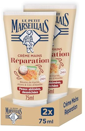 Le Petit Marseillais - Crème Mains Réparation Peaux Abîmées et Desséchées (lot de 2 tubes de 75 ml) – Crème réparatrice au beurre de karité, aloès et cire d'abeille – Soin des mains confort 24 h