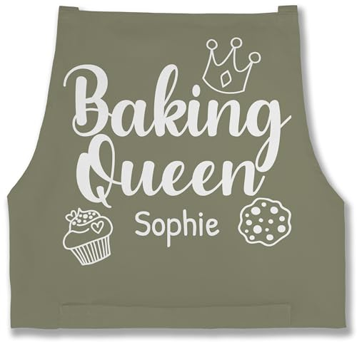 Schürze - Backschürze Damen Frauen - Baking Queen I Backkönigin mit Name I Geschenk Hobby Bäckerin I Backen Geschenkideen - 85x69 - Sage Grün - backkönigin-schürze bäckerschürze back