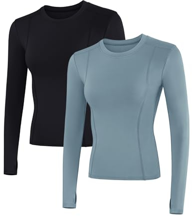 IECCP Damen Laufjacke Oberteil Langarm Gym Tops Yoga Fitness Shirt Atmungsaktive Oberteil Leicht Trainingsjacke mit Daumenloch 2er Pack Schwarz und Grau Blau M