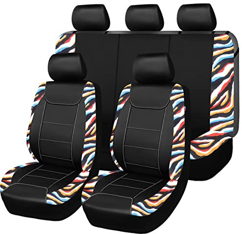 Flying Banner Universal Carbon Fibre Leather Car Seat Covers Airbag Compatible Seat Protector (Full Set, Black and Colorful Zebra)