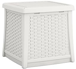 Suncast Elements Outdoor Resin End Table with 13-Gal. Storage Area, Modern Storage End Table for Patios, 18.75 W x 18.75 D x 18 H, Ice Cube