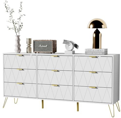 UEV Kommode mit Schublanden, 150x34x74cm, Schrank mit 9 Schublanden, Modernes Sideboard, TV Board, Aufbewahrungsschrank, Schmal kommode, Buffet, Schrank für Wohnzimmer Schlafzimmer,Flur Weiß
