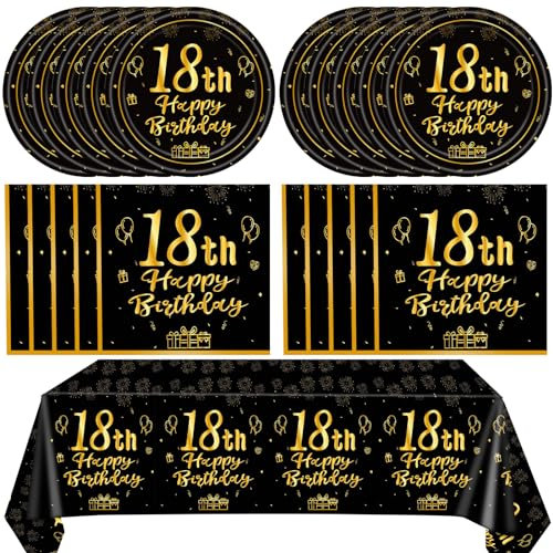 41PCS Happy 18th Birthday Decrations for Boys Girls Black Gold Themed Disposable Tableware Decor Includeing Plates Napkins Tablecloth for Eighteen Year Old Party Decorations