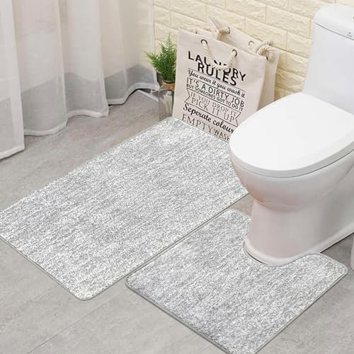 Famibay Badezimmerteppich Set 2 teilig Badematte und WC Vorleger Set rutschfest Badteppich Waschbar Grau WC Teppich Set Badvorleger Wasserabsorbierend für Badezimmer Toilette
