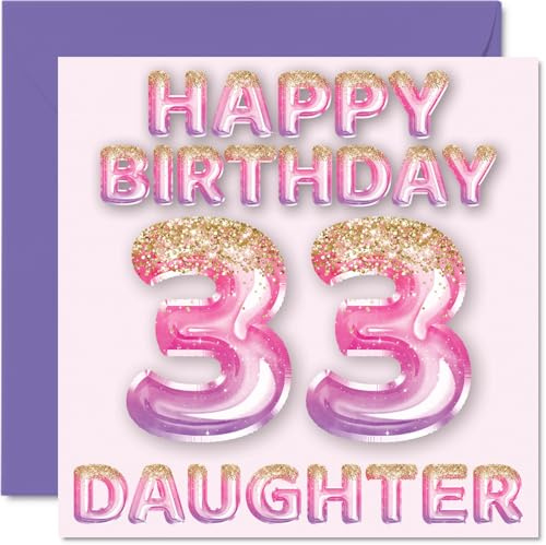 33rd Birthday Card for Daughter - Pink & Purple Glitter Balloons - Happy Birthday Cards for 33 Year Old Daughter from Mum Dad Parents, 145mm Bday Greeting Cards Gift