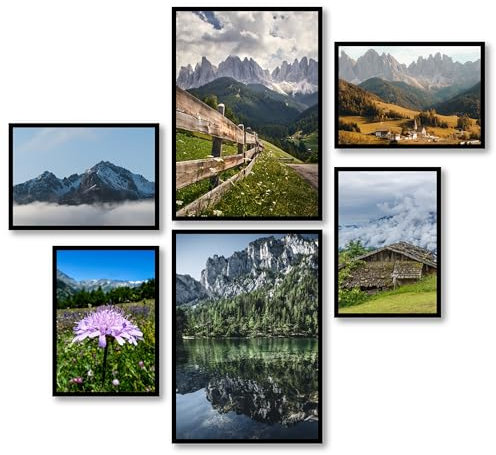MJ-GRAPHICS® Wandbild, Bilder Set 2xA3 & 4xA4, Alpen Wandbilder Set, Bilder Leinwand, Bild Wald, Bilderset, Bild Südtirol Alpen, See, Berge,Bilder Natur, Poster Wald, Wandbild Alpen ohne Rahmen