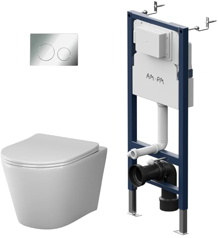 WC-Komplettset - Vorwandelement Spülkasten Unterputz inkl. Betätigungsplatte + Spülrandlos Hänge Wand-WC Tiefspül + WC-Sitz mit Soft-Close-Absenkautomatik, AM.PM Prime Fit IIS90151.PA1900