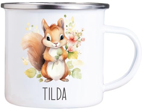 4youDesign Emaille Tasse Kinder personalisiert – Eichhörnchen Blume – Tier Namenstasse – Geschenk für Jungen & Mädchen – Bruchsicher & Leicht – Geschenkidee zur Einschulung & Geburtstag - 300ml