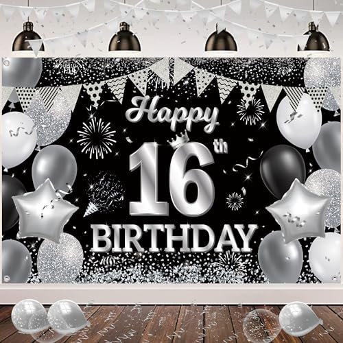 16.Geburtstag Banner Schwarz Silber - 16. Geburtstag Deko Schwarz Silbernes Hintergrundtuch große Happy Birthday Hintergrunddekoration für Jungen Mädchen 16.Geburtstag Party Deko drinnen draußen