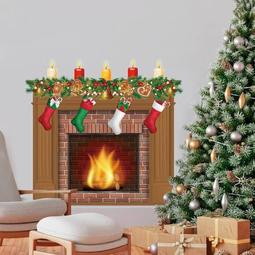 KAIRNE Pegatinas de pared de Navidad,PVC Adhesivos Para Ventanas de Navidad,Calcomanías de Pared Navidad,3D Pegatina de Pared de Chimenea,Decoración de Navidad para sala de estar cocina dormitorio