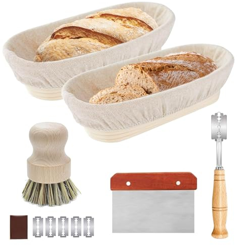 2 Stück Gärkörbchen, 25cm Gärkorb Natürlich Gärkorb Oval Gärkorb Brot Gärkörbchen FüR Brot Mit Bürste,Teigschaber, Leinentuch, Brot Backen Zubehör Zum Brotbacken
