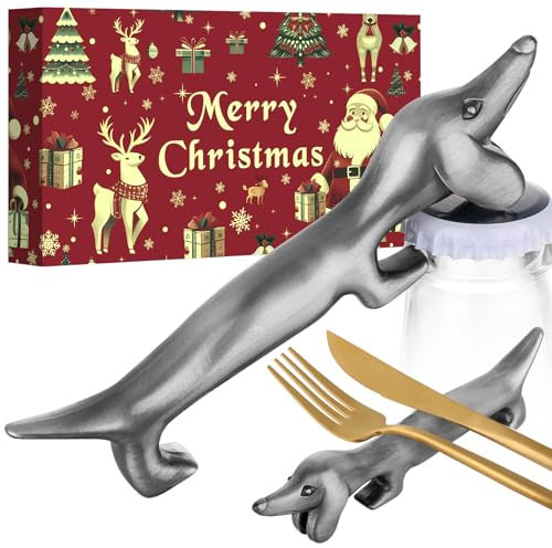 LULLEA Weihnachtsgeschenke Verpackt Dackel Flaschenöffner, Weihnachtsgeschenke Dackel Geschenke für Frauen Männer, Dackel Deko Besteck Ständer, Silber mit Weihnachtsverpackung und Weihnachtskarte