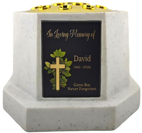 1stclassgifts Personalised Printed White or Black Memorial Rose Bowl Grave Marker Flower Pot Vase Cross Design With Printed Plate (UV PRINTED) (White, Gold Lid/Black Plate)