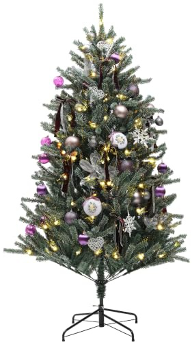 HOMCOM 6ft Artificial Prelit Christmas Tree Warm White LED Lights Purple | 796 Tips, Metal Stand, Xmas Tree, Purple Ornaments, Home Office Holiday