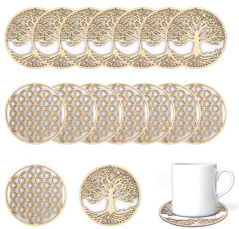 DEANKEJI Coasters 16 Stück Tassen Untersetzer, Ø10 cm Holz Untersetzer, Graviertes Muster, Zwei Stile, Florale Untersetzer, für Zuhause, Restaurant, Bar
