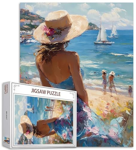 Tucocoo 1000 Teile Puzzle für Erwachsene, blaues Kleid, Frauenpuzzle, Strandlandschaft, abstrakte Kunstpuzzles für unmögliche Herausforderung, Familienaktivität, Spiel, bunt, DIY, Basteln, Puzzle,