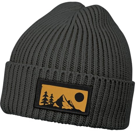 Neverless® Herren Wintermütze Naturmotiv Beanie mit Patch Aufdruck Berge Wald Wandern Print Strickmütze Rippstrick