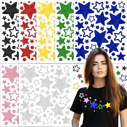 7 Colors Iron On Glitter Stars for Clothing - Iron Heat Transfer Sparkling Vinyl HTV Cutout Stars Iron-On Decals for DIY T-Shirts, Fabrics, Jeans, Bags