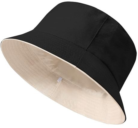 Xnova Fischerhut Damen Reversibel, Bucket Hats Baumwolle Faltbarer Anglerhut mit Breiter Krempe, Beidseitigen UV-Schutz Sonnenhüte Unisex Sommer Hüte Reisezubehör (Schwarz-Beige, M:60-62cm)