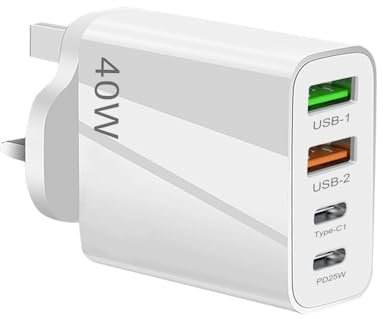 USB C Plug Fast Charge, 40W 4-Port Fast Charger Plug UK,Dual USB C ports and Dual USB A ports, PD Power Adapter+QC Mains Wall Charger Type C Charging Plug for iPhone 16 15 14 13 12 11 XS XR iPad