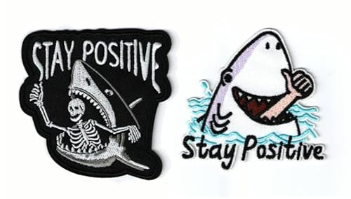 1step2dream Funny Stay Positive Thumbs-up Iron On Patches | Witty and Humorous Shark Design | Embroidered Patch Emblem Badge for Clothes Hats Bags Shoes Backpacks Jeans