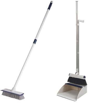 Beldray Deep Clean Brush Set - 2 in 1 Sweeping Brush with Built-In Squeegee, Long Handled Dustpan and Brush Set with Soft Scratch-Free Bristles and Comb, All Hard Flooring, Wood/Tile/Laminate