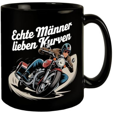 Echte Männer lieben Kurven Tasse mit Retro Biker KaffeeTasse mit lustigem Spruch für Biker Ironie