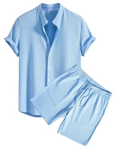 Dmmtot 2-teiliges Sommer-Outfit für Herren, kurz und Hemden, gerippt, Knopfleiste, kurze Ärmel, elastische Taille, Kordelzug, Shorts mit Taschen, elegant, Golf, Sport, Tennis, Sweatsuit,