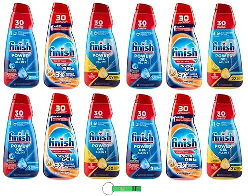 Finish Powergel Lessive liquide pour lave-vaisselle, multifonction, effet dégraissant, 30 lavages, 12 x 600 ml + porte-clés Beni Culinari gratuit