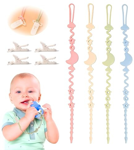 MmmLucipor 4er-Pack Baby Schnullerkette Silikon, Schnullerkette Aus Silikon, kette kinderwagen, spielzeug babykette zum mundnehmen, für Babys MäDchen und Junge BPA Frei,Babygeschenke