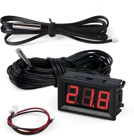FBBULES Digitale 12V Electronic Thermometer mit 1M+5M Sensorleitung Rot | Termometro con Sonda Impermeabile Monitor di Temperatura per Acquario Frigorifero Congelatore