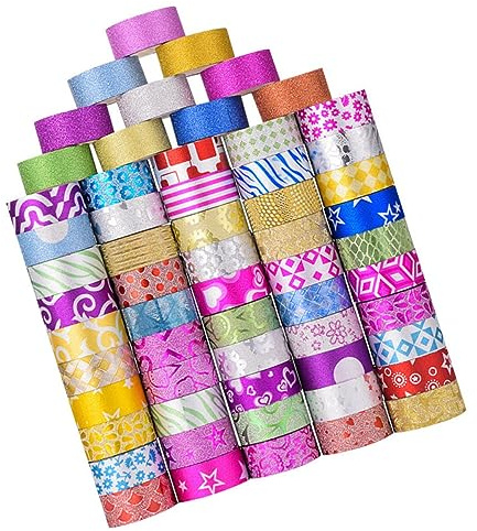 LOLIPPYY 60 Rollen Glitzer Washi Tape Rolle Dekoratives Masking Tape mit Bunten Mustern Leicht Abreißbar Klebefrei Rückstand für DIY Scrapbooking Geschenkverpackung und Tagebuchgestaltung