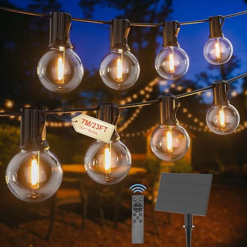 Solar Lichterkette Outdoor Aussen G40 7M IP65 wasserdichte,Dimmer,Timer | 2700K Warmweiß Festoon Licht 24V mit Fernbedienung,10 1W Bruchsichere Birnen Solarlichterkette Außenbeleuchtung für Garten