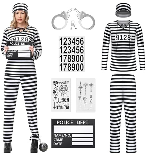 BuntWunder Gefangener Kostüm Damen, Häftling Sträfling Verbrecherkostüm, Prisoner Overall Costume mit Handschellen, Knast Kleidung Faschingskostüme für Karneval -Ankleideparty, Cosplay Mottoparty (L)