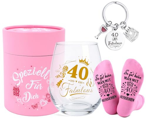 Aitsite 40. Geburtstag für Frauen – „40 & Fabulous“ Geschenkset mit Lustig Socken Weingläser & Schlüsselanhänger, Personalisierte Geburtstagsgeschenk Geschenkideen für Mama Schwester Kollege 450ml