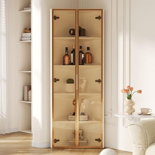 Merax Eckschrank Hochschrank mit LED - Beleuchtung, LED-Glasvitrine, Eckvitrine mit Tür – Sammlungsvitrine, Bücherregal, Weinschrank, Badezimmerschrank, Weiß/62x35x160 cm