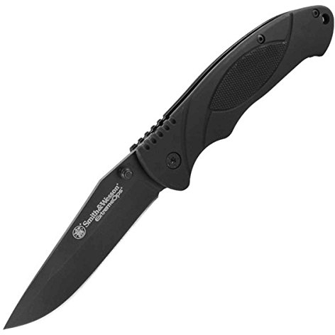 Smith and Wesson Einhandmesser, Stahl 7CR17, beschichtet, Gummi-Griffschalen, Liner Lock, Clip, Fangriemenöse