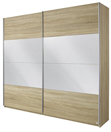 Rauch Möbel Quadra Kleiderschrank, Schwebetürenschrank, 2-türig, mit Spiegel, inkl. Zubehörpaket Basic 4 Einlegeböden 2 Kleiderstangen, Farbe Eiche Sonoma, BxHxT 136x229x62cm