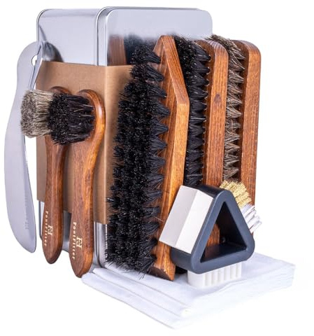 FootFitter Ultimate Schuhputzbürsten Set - Komplettes Bürstenset zum Reinigen & Polieren von Schuhen mit Glanztüchern & Schuhlöffel, Braun, 10 Piece Set