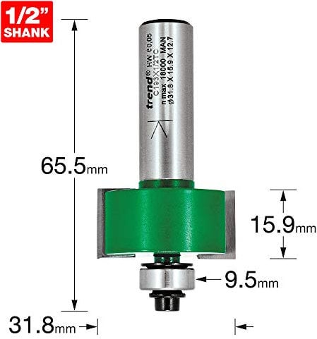 Trend CraftPro Rebater Router Cutter Bit, 1/2 Inch Shank, 15.9mm Cut Length and 31.8mm Cut Diameter, Tungsten Carbide Tipped, C193X1/2TC