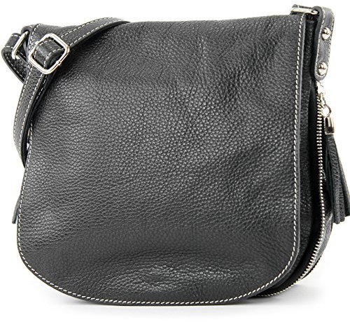 modamoda de - T06 - ital Messenger Umhängetasche aus Leder, Farbe:Schwarz