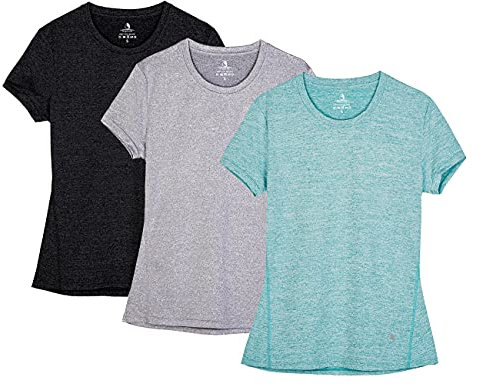 icyzone Women's Workout Running T-Shirt Activewear Yoga Gym Short Sleeve Tops Sports Shirts, 3-Pack (M, Black/Granite/Green)
