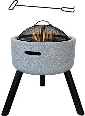 DTLEO Feuerschale für Garten / Camping / Grill / Eisschale (3-in-1 Feuerstelle mit rundem Tisch und Grill) für den Außenbereich, rund, Beton / Holz