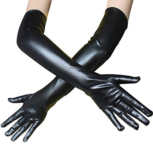 CHENGZI Women's Patent Leather Long Gloves Fashion Sexy Cosplay Costume Finger Gloves 21 inch (Black)
