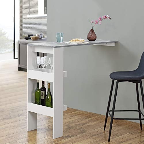 [en.casa] Mesa de Bar Bromölla Mesa de Bistro Elegante 120 x 45 x 106 cm Mesa Alta de Cocina con 2 Estantes Integrados Blanco y Efecto hormigón