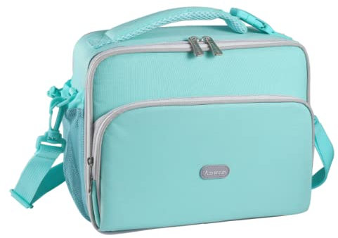 Amersun Lonchera para niños – Lonchera escolar aislada duradera con correa ajustable y 2 bolsillos para adolescentes y niños, enfriador térmico con interior acolchado para mantener la comida caliente