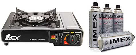 Imex Camping Gaskocher Set im Tragekoffer mit Grillplatte (Gaskocher + Grillplatte + 16x Gaskartuschen)