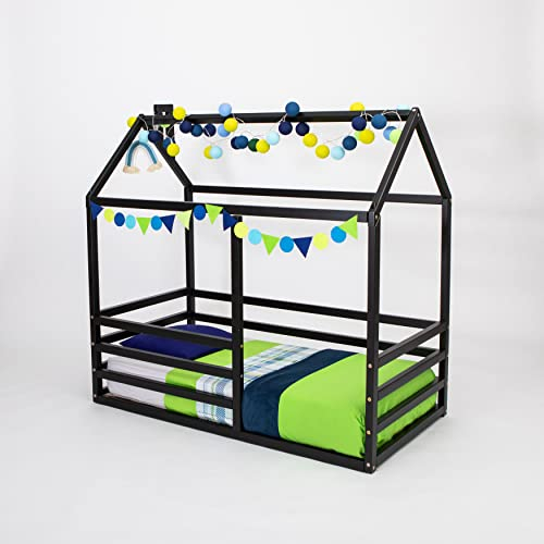 Sweet Home From Wood Kinderbett aus Holz - Montessori-Bett mit entnehmbarem Bettgitter/Rausfallschutz, Lattenrost, Hausbett mit rausfallschutz (140 x 200 cm, Schwarz)