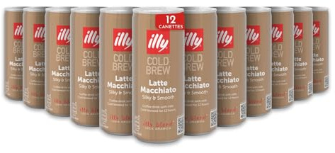 illy, Café Cold Brew Ready to Drink Latte Macchiato, 12 Canettes de 250ml | 100% Arabica avec des Notes de Café, de Lait et de Caramel, Goût Soyeux et Velouté